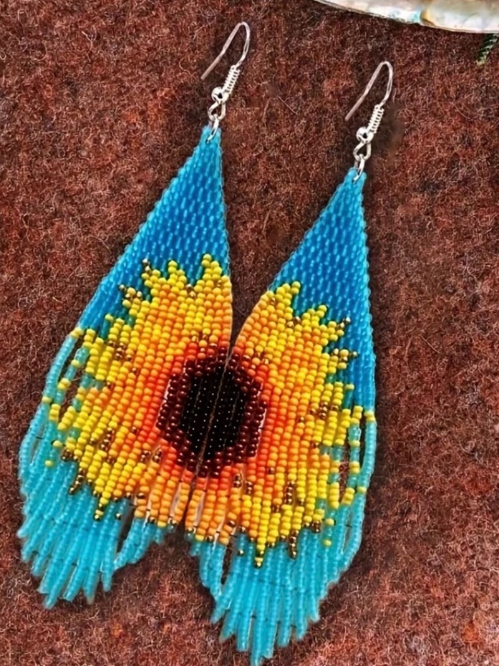 Handmade Turquoise Sunflower Beaded Dangle Earrings